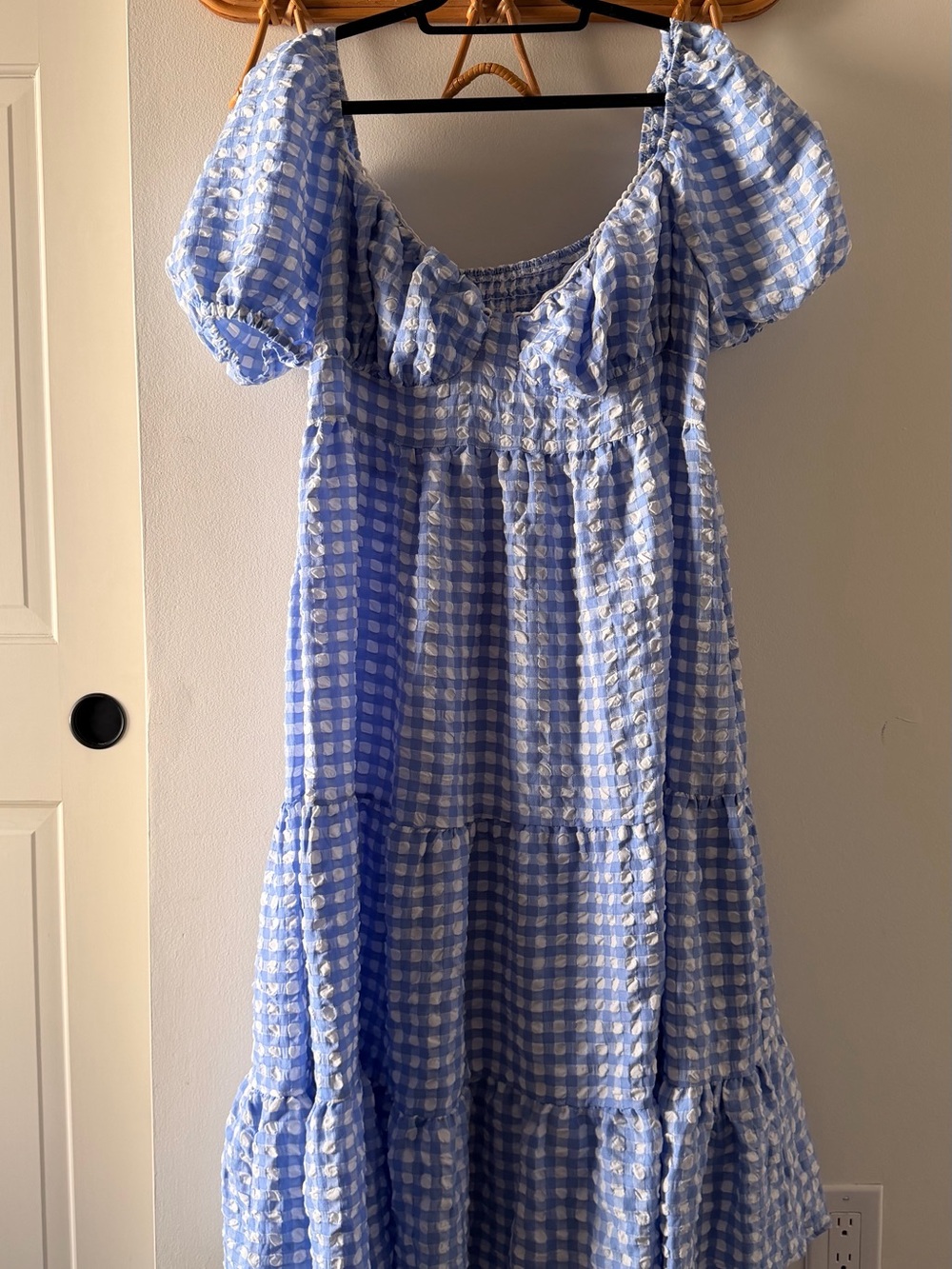 Blue Gingham Puff-Sleeve Dress